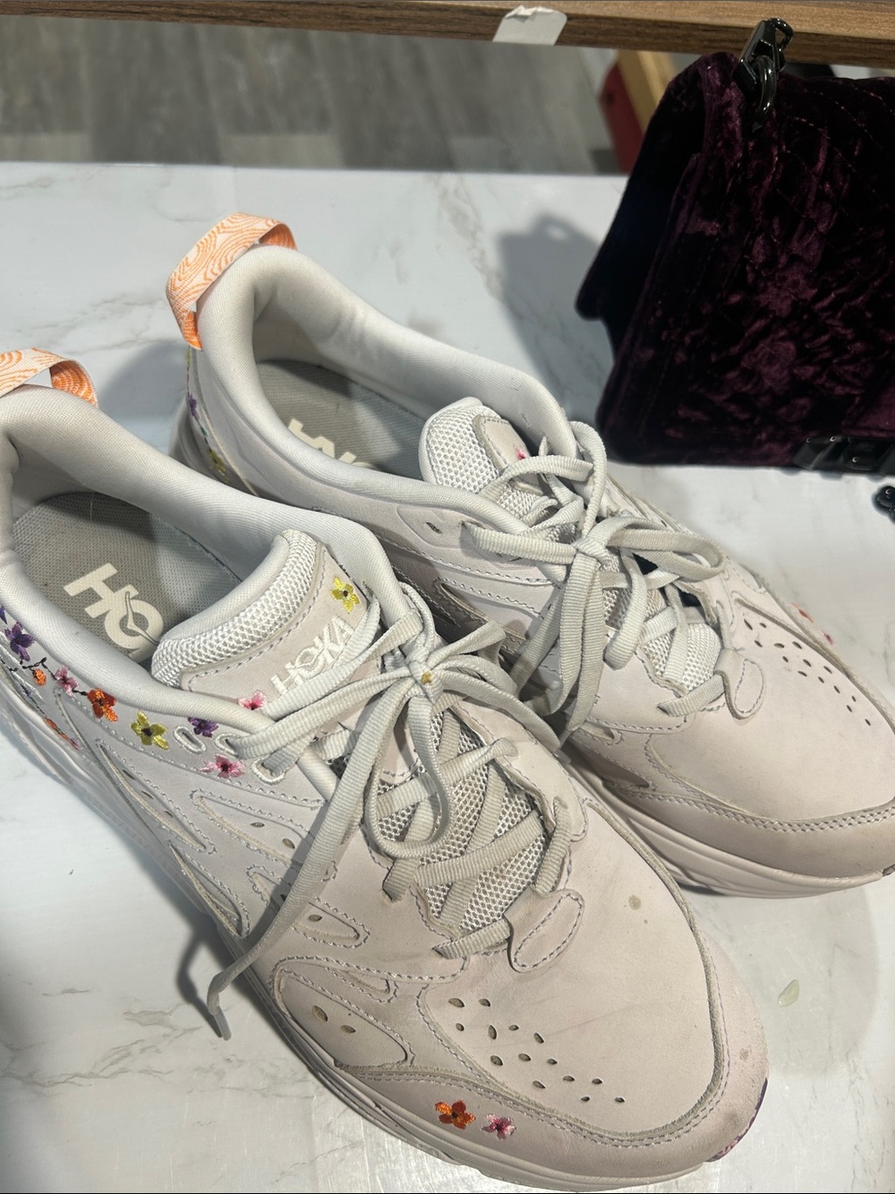 Hoka Women’s Cream Lace-Up Sneakers with Multicolor Floral Details
